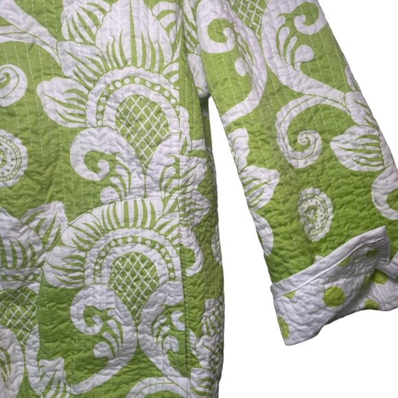 Patty Kim Quilted Jacket Size Large Green White Cotton Floral w/ Polka Dot Cuffs - Picture 6 of 8